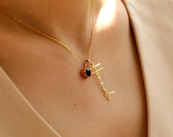 Birthstone Name Pendant Necklace • Personalized Gift for Her Birthday • Family Name Necklace Script Font, Unique Gift Mom, Kid Name Necklace