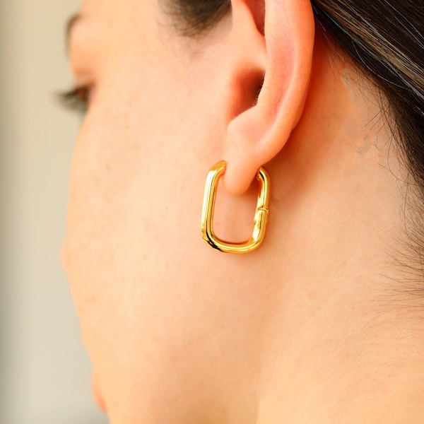 Gold Hoop Earrings Chunky Rectangular Hypoallergenic Earrings for Women Minimalist Gift for Her 14k Gold Plated Waterproof Hoops