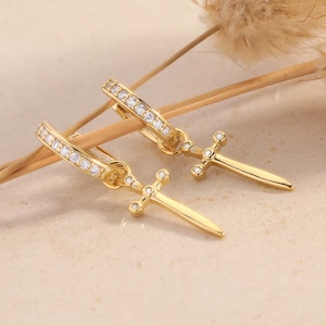 Dagger Earrings • Sword Earrings • Dangle Huggie Hoops with Charm • Gothic Minimalist Jewelry • Edgy Earring • Perfect Best Friend Gift