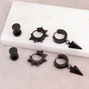 Black Huggie Earrings SET OF 3 Hoops Black Dangle Earrings, Spike Earring Flat Back Earring, Screw Back for Men & Women Black Earrings 3 Set