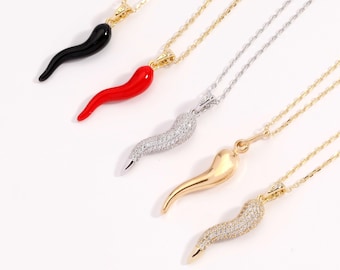 Italian Horn Necklace - Cornicello Necklaces Minimalist Gift for Her Sterling Silver Pendant - Diamond Gold, Silver, Red Charm Italian Horn