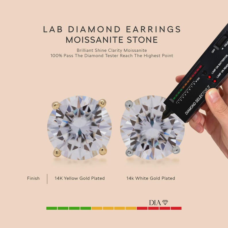 K&ouml;nnte beinhalten: Bild von Labordiamant-Ohrringen mit Moissanit-Steinen. Ein Ohrring ist 14K gelbgoldbeschichtet, der andere 14K wei&szlig;goldbeschichtet. Der Text lautet "Brilliant Shine Clarity Moissanite" und "100% Pass The Diamond Tester Reach The Highest Point."