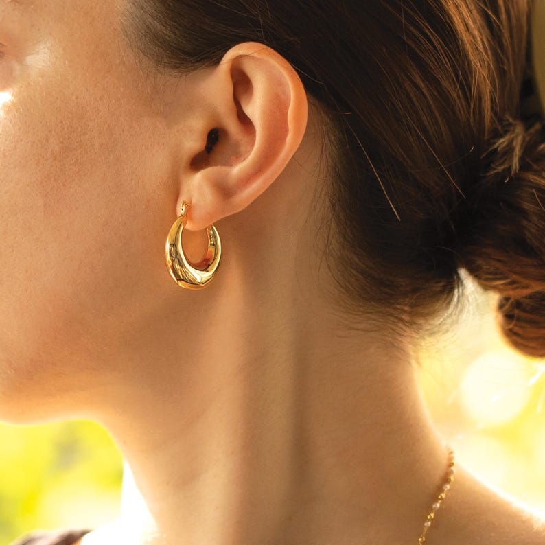 Chunky Hoop Earrings Gold Oval Hoops - 14k Gold Plated, Hypoallergenic, Lightweight Earring image 3