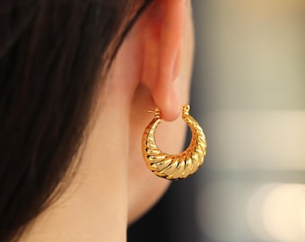 Chunky Hoop Earrings Gold Croissant Hoops - Hypoallergenic - Waterproof - Dainty Earring 14k Gold Plated Jewelry Gift for Mom