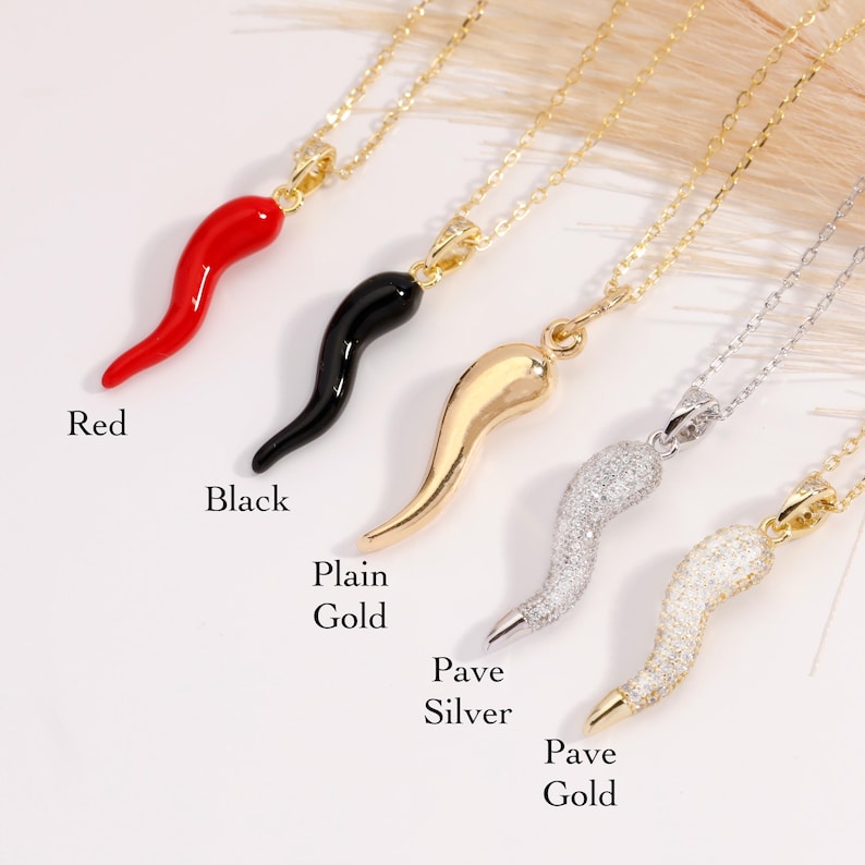 Italian Horn Cornicello Necklace 925 Silver, Gold Black Red Italian