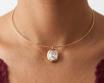 Gold Collar Necklace - Choker Necklace with Crystal Pendant, 14k Gold Filled Dainty Omega Collar Chain Jewelry Gift for Her
