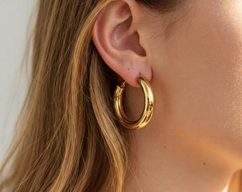 Thick Gold Hoop Earrings: 14K Gold Plated Chunky Hoops, Minimalist Jewelry