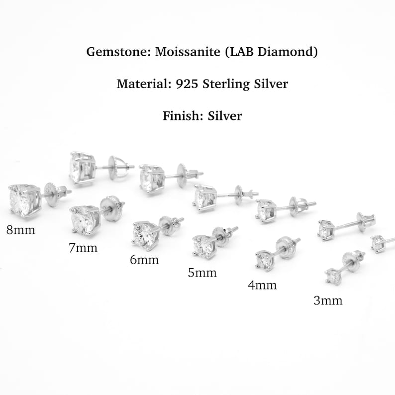 K&ouml;nnte beinhalten: Eine Auswahl an silbernen Ohrsteckern mit klaren, runden Edelsteinen. Gr&ouml;&szlig;en von 3 mm bis 8 mm. Die Ohrringe sind aus 925er Sterlingsilber gefertigt und verf&uuml;gen &uuml;ber Moissanite (LAB Diamond) Edelsteine. Das Finish ist Silber.