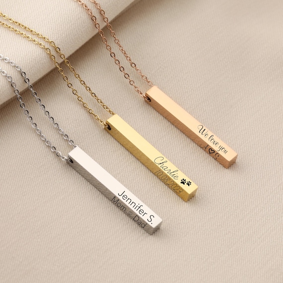Vertical Bar Necklaces for Women, Personalized Necklace Names Engraved Necklace, 3D Bar Gold, Silver, Rose Gold Date, Coordinates Necklace