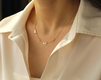Sterling Silver Birthstone Initial Necklace: 14k Gold Plated Sideway Letter