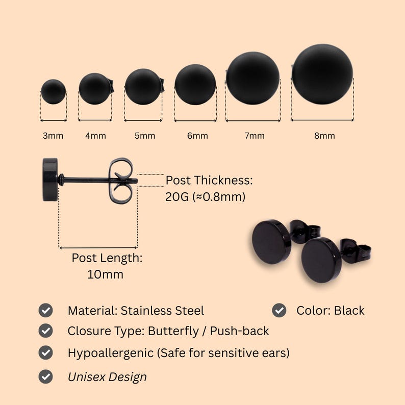 Black Stud Earrings Men & Women - Round Stud Earrings Set - Men Earrings Circle - 3mm/4/5/6/7/ 8mm Black Stud Steel Earrings image 4