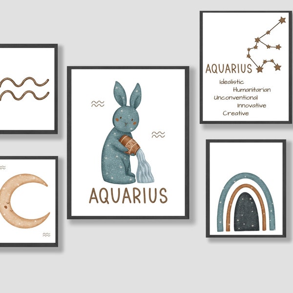 Aquarius Wall Art | Set of 5 Prints | Aquarius Prints Nursery | Aquarius Nursery Decor | Aquarius Symbol | Baby Room Decor