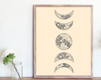 Orange Moon Phases Print / Boho Wall Decor / Digital Download