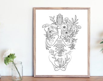 Skeleton Print | Anatomy Wall Art | Skeleton Poster | Floral Wall Art | Black and White | Anatomy Art | Skeleton Wall Art | Boho Wall Decor