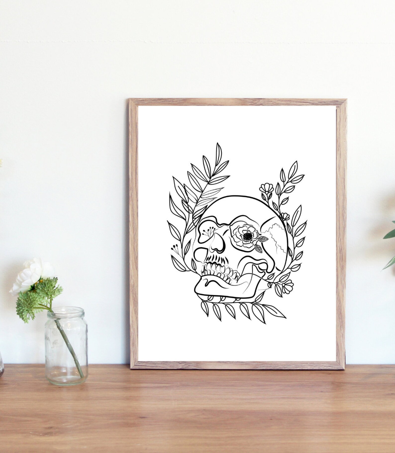 Floral Skull Head Print / Flower Skull Print / Black and White / Floral