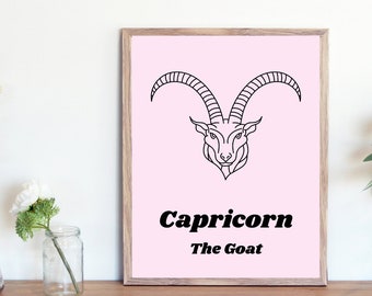 Capricorn the Goat Print / Pink Astrology Poster / Capricorn Print / Capricorn Star Sign Wall Art / Capricorn Printable Wall Art