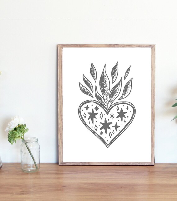 Flaming Heart Print / Sacred Heart Decor / Heart Printable | Etsy