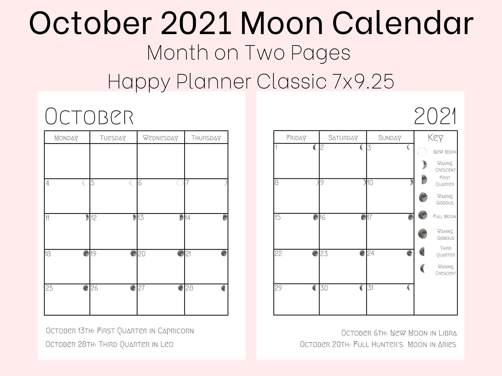 October 2021 Moon Phase Calendar Happy Planner Classic 7x9.25 Etsy