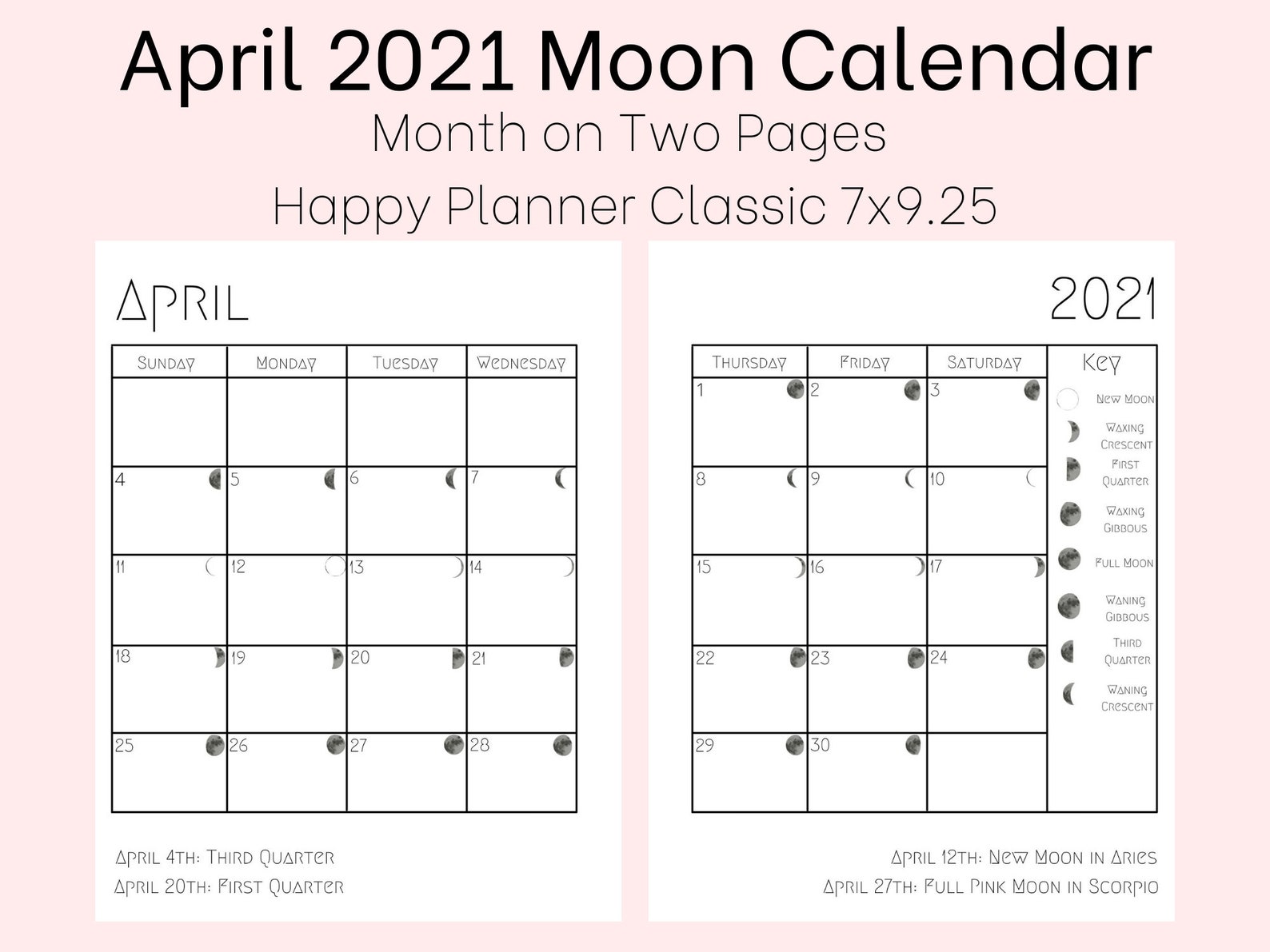 April 2021 Moon Phase Calendar Happy Planner Classic / Etsy