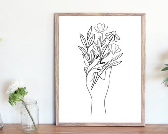 Flower Print / Flower Wall Art / Flower Poster / Black and White Botanical Print / Boho Room Decor / Retro Flower Print