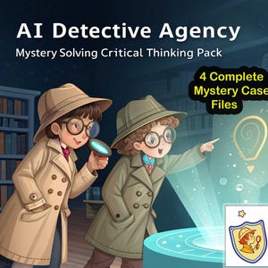 May include: Illustration of two children dressed as detectives, wearing trench coats and hats, with magnifying glasses. Text reads "AI Detective Agency" and "Mystery Solving Critical Thinking Pack." The image also includes "4 Complete Mystery Case Files."