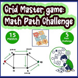 May include: A green and white illustration of a maths game with the title "Grid Master game: Math Path Challenge". The game includes 15 puzzles and a 5 path challenge. The illustration shows a grid with numbers and maths equations.
