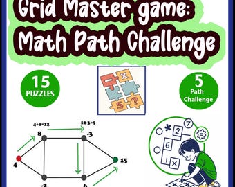May include: A green and white illustration of a math game with the title "Grid Master game: Math Path Challenge". The game includes 15 puzzles and a 5 path challenge. The illustration shows a grid with numbers and math equations.