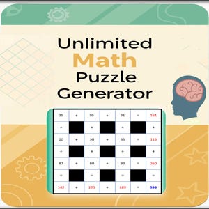 May include: An image promoting a math puzzle generator. The text reads "Unlimited Math Puzzle Generator." A grid of numbers and math symbols is displayed, along with a brain graphic. The numbers are in a grid format, with some answers highlighted in red.