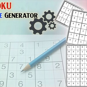 May include: A Sudoku puzzle generator with a blue pencil and a partially completed Sudoku puzzle. The text "SUDOKU PUZZLE GENERATOR" is at the top of the image.