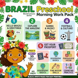 Brazil Preschool Morning Work Pack, 5-Day World Cultures Activities, Amazon Rainforest & Carnaval Printable for PreK Kindergarten