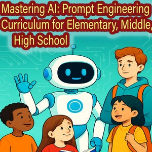 Könnte beinhalten: Illustration eines weißen und blauen Roboters mit lächelndem Gesicht, umgeben von Kindern unterschiedlicher Herkunft. Der Text oben lautet: "Mastering AI: Prompt Engineering Curriculum for Elementary, Middle, High School."
