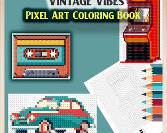 Color by numbers Vintage Vibes Pixel Art - digital coloring book PDF