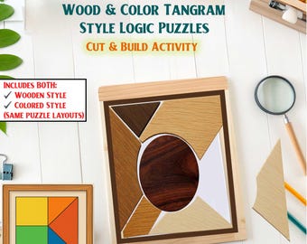 Printable Shape Puzzle Pack | Wood - Color Tangram-Style Logic Puzzles | Cut & Build Activity