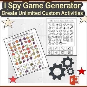 Könnte beinhalten: Weißer Puzzle-Hintergrund mit dem Text "I Spy Game Generator Create Unlimited Custom Activities". Zwei "Ich sehe was"-Arbeitsblätter: Früchte und Klassenobjekte. Ein roter Stern und Zahnräder sind ebenfalls sichtbar.
