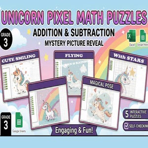 Rompecabezas matemático de píxeles de unicornio / Suma - Resta / Excel y Google Sheets