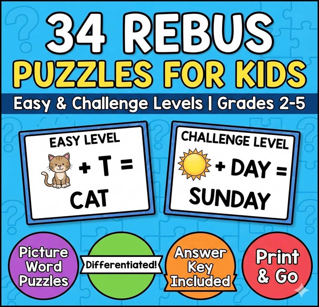 Word Riddles Rebus 34 Kids Rebus Puzzles | Easy + Challenge Levels | Picture Word Riddles ...