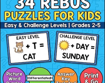 34 Kinder Rebus Puzzles | Einfache, herausfordernde Ebenen | Bilderworträtsel (Digitaler Download)