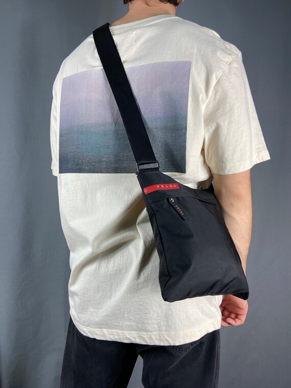 P style black nylon shoulder crossbody bag red lin