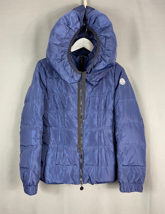 Blue down full zip jacket with hood and belt