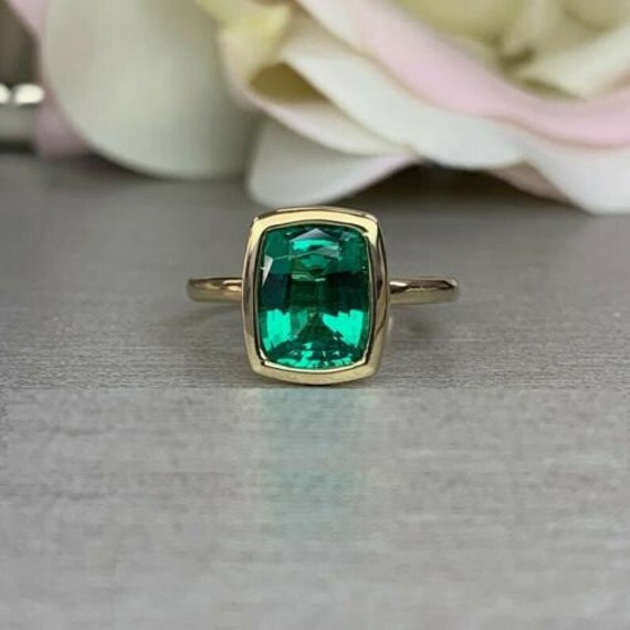 2.10 Ct Cushion Cut Green Emerald Solitaire Engagement Etsy