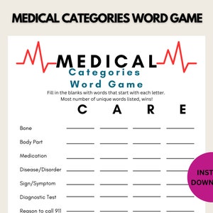 Medical Categories Word Game | PRINTABLE Medical Game | Doctor Nurse Fun | Medical Nursing School Icebreaker, Retirement Graduation Teaching