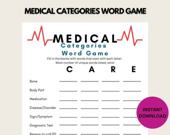 Medical Categories Word Game | PRINTABLE Medical Game | Doctor Nurse Fun | Medical Nursing School Icebreaker, Retirement Graduation Teaching