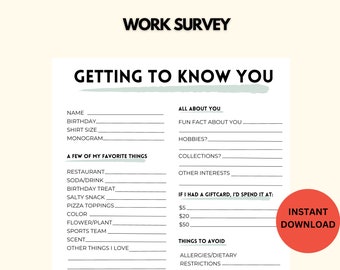 Employee Questionnaire, All About Me for new Team Members, Gift Exchange Survey and Favorite Things Quiz, New Hire Survey for Teambuilding
