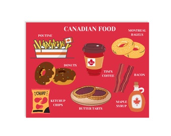 May include: An illustration of Canadian food, including poutine, Montreal bagels, donuts, Tim Hortons coffee, bacon, ketchup chips, butter tarts, and maple syrup.