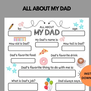 Sondage Tout sur mon père à imprimer, questionnaire pour la fête des pères, idées cadeau fête des pères pour enfants d'âge préscolaire, cadeau souvenir personnalisé pour papa