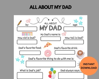 All About My Dad Survey Printable, Father's Day Questionnaire, Fathers Day Gift Ideas For Preschool Kids, Personalized Keepsake Gift For Dad
