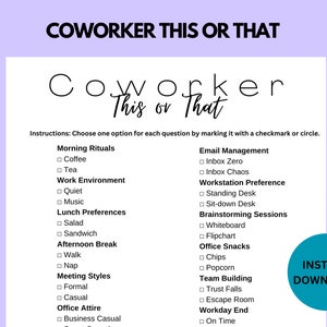 Fun office icebreaker game, this or that game, office party game, game for office birthday or work holiday, get to know you game, onboarding