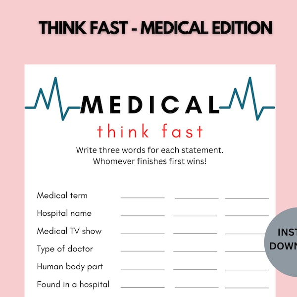 Medical Think Fast Game|PRINTABLE Medical Game| Doctor Nurse Fun Game|Medical Nursing School Icebreaker|Medical Party Activity|Team Building