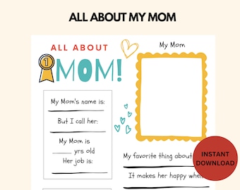 All About My Mom Survey Printable, Mother's Day Questionnaire, Mother's Day Gift Ideas For Kids, Personalized Keepsake Gift For Mom