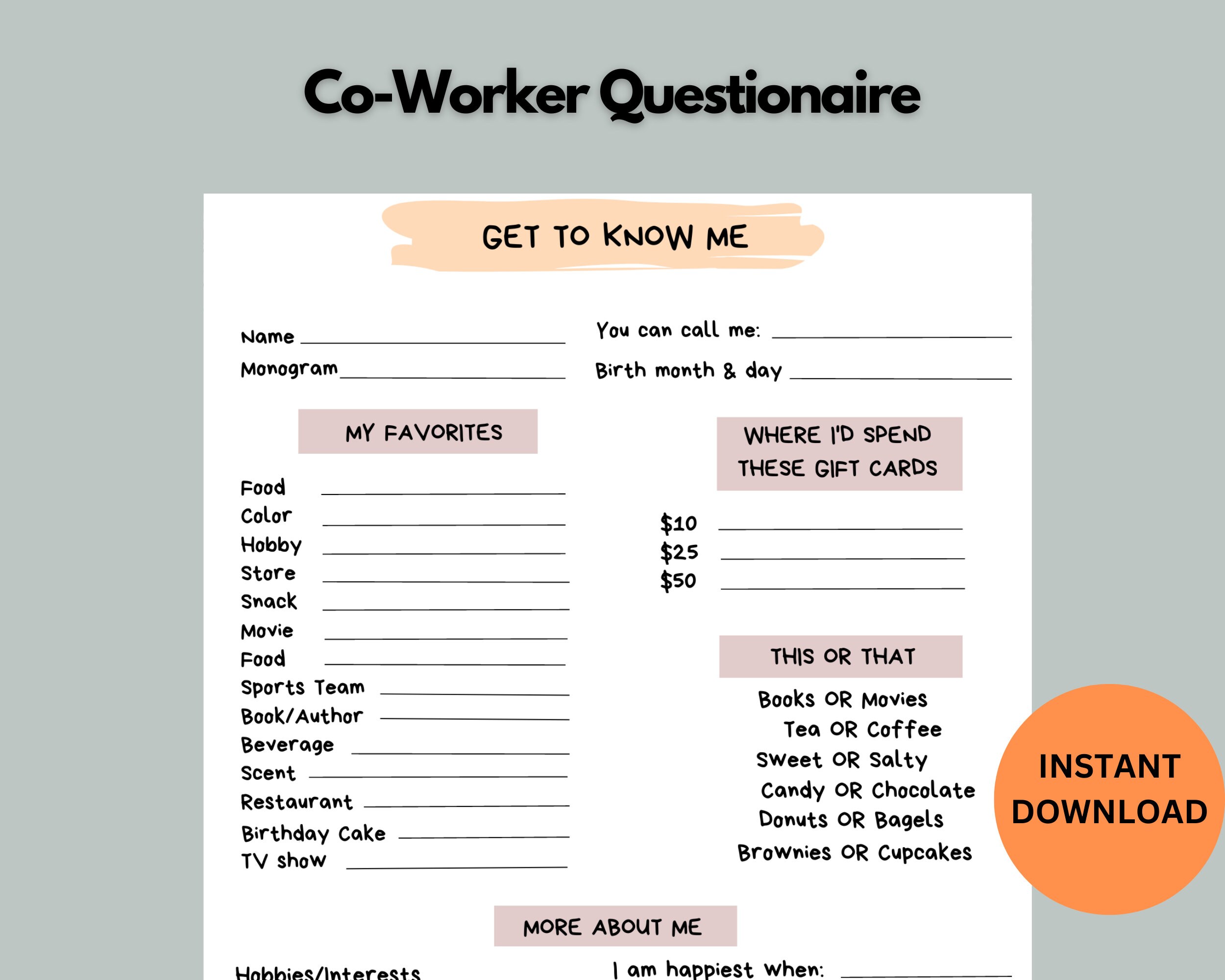 Coworker Questions Printable All About Me Employee Etsy Canada Coworker Questions Printable All About Me Employee Etsy Canada